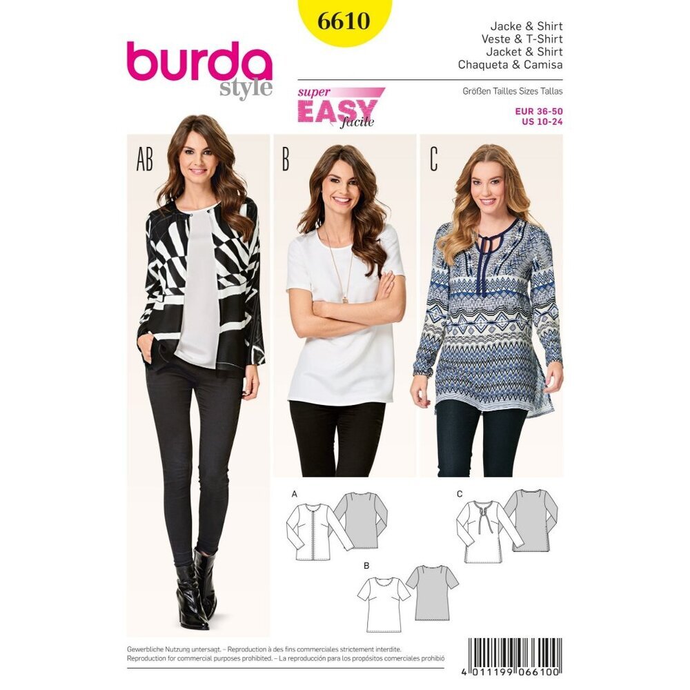 Burda Style 6610 Sewing Pattern Jacket Shirt Sizes US 10-24 Semi-Fitted‎
